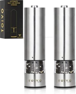Toivo Kitchen Elektrische Zout En Pepermolen 2 Stuks - Incl. 8 AA Batterijen - Zilver - Verstelbare Maalgraad - Keukengerei - Kruidenmolen - Peper- En Zoutstel